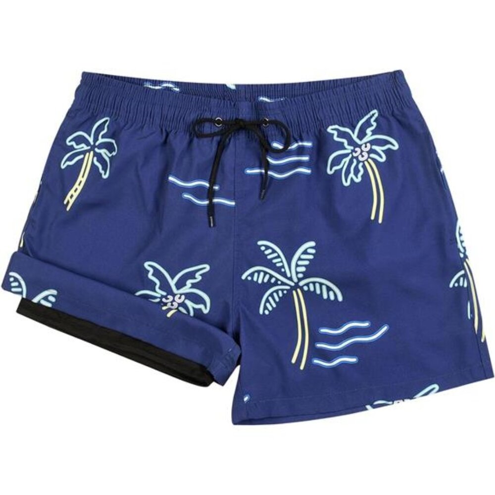 Men's Palm Tree Swim Trunks with Compression Liner | 5 Inch Board Shorts